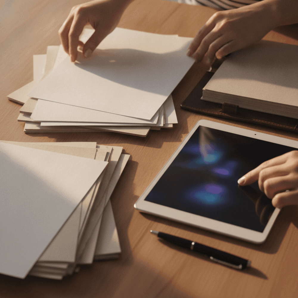 Mains manipulant des documents de commandes de formats variés sur un bureau, illustrant la reconnaissance par apprentissage automatique
