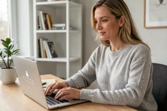 Femme connectée à son espace abonné sécurisé sur un ordinateur portable dans un bureau à domicile moderne