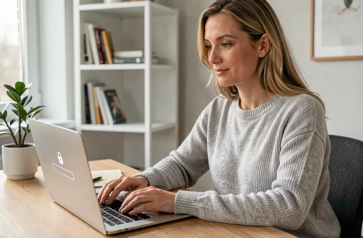 Femme connectée à son espace abonné sécurisé sur un ordinateur portable dans un bureau à domicile moderne