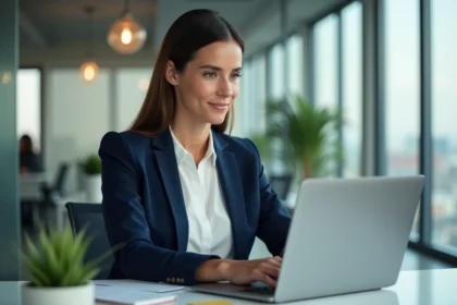 Femme professionnelle accédant à sa messagerie sécurisée EDF sur un ordinateur portable dans un bureau moderne