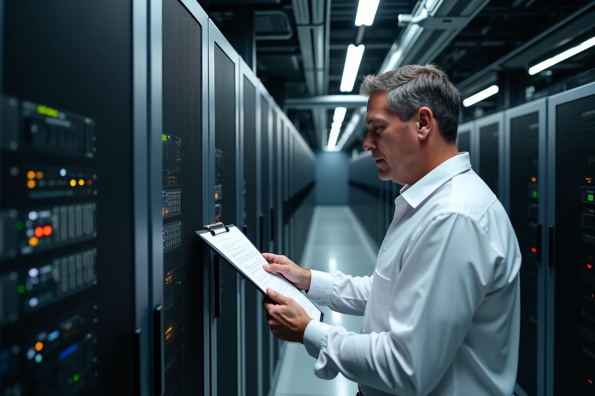 Administrateur système vérifiant un rapport d'audit de pilotes dans une allée de datacenter professionnel