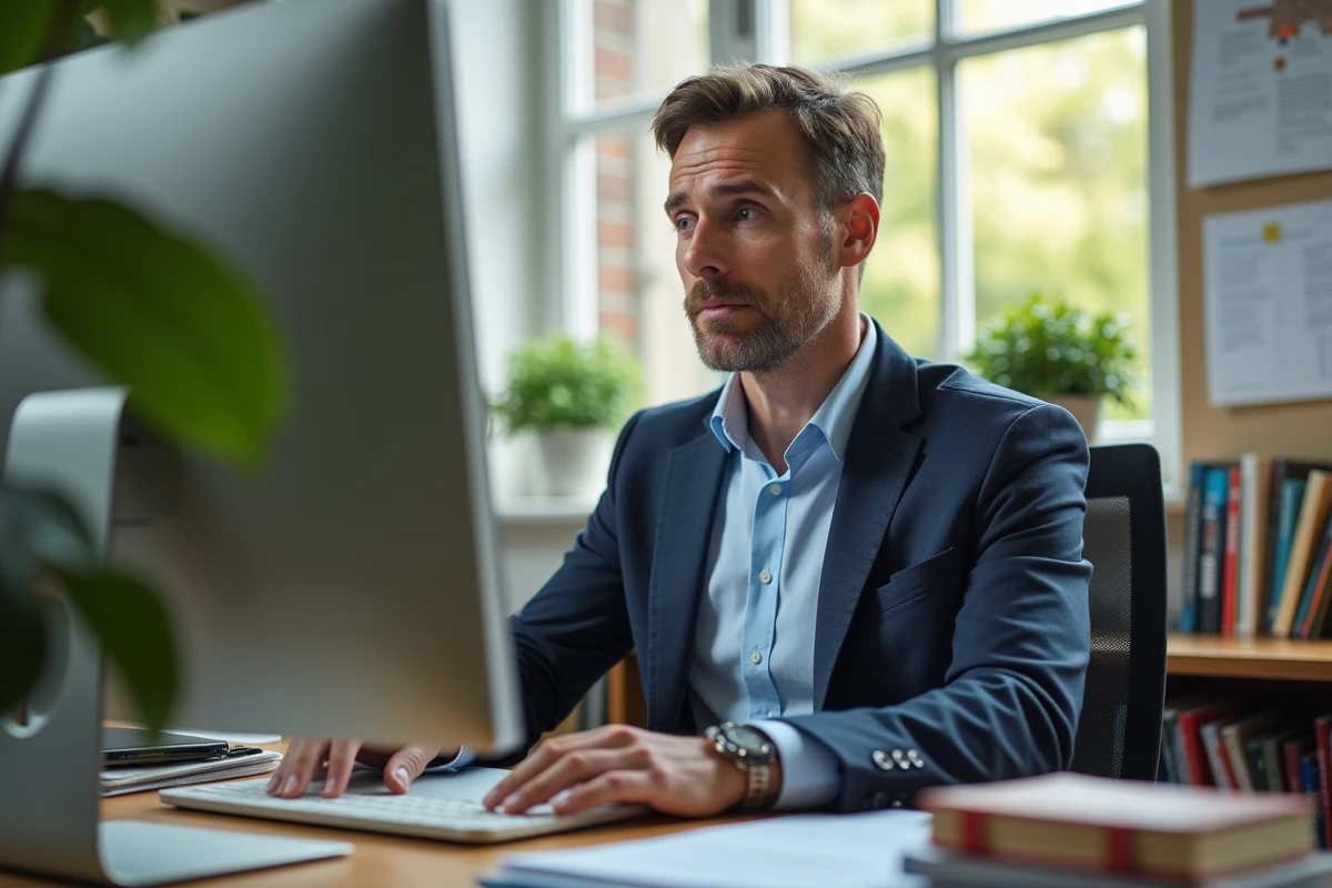 Administrateur scolaire au bureau avec ordinateur et livres