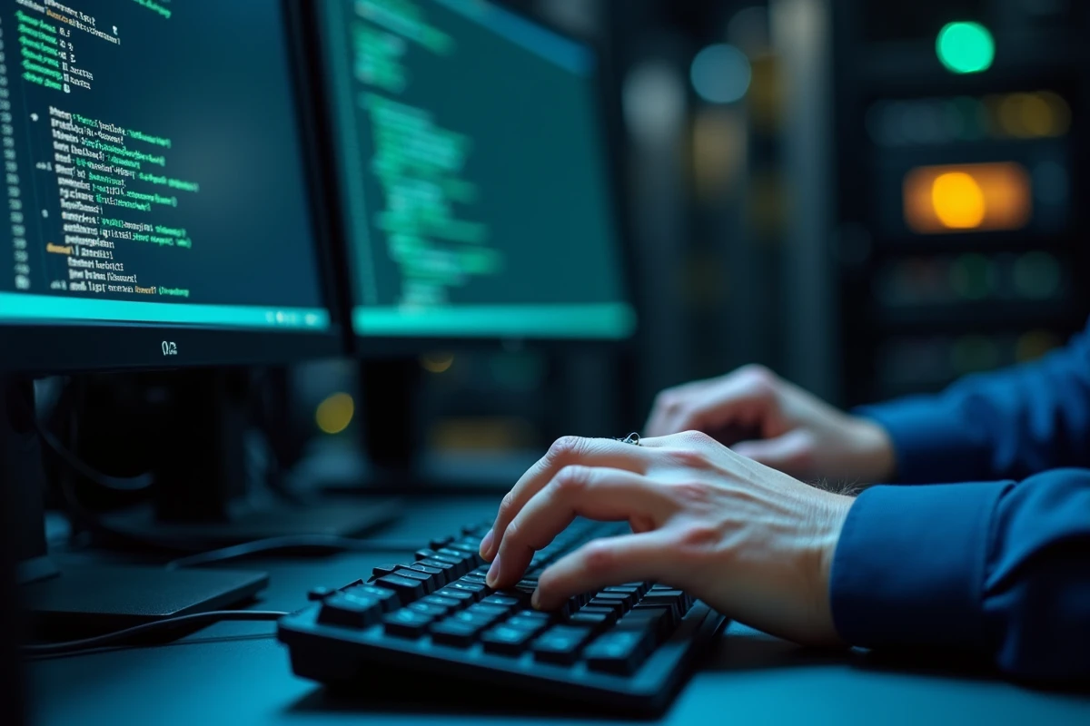 Administrateur système configurant les protocoles de sécurité des emails en ligne de commande dans une salle serveur