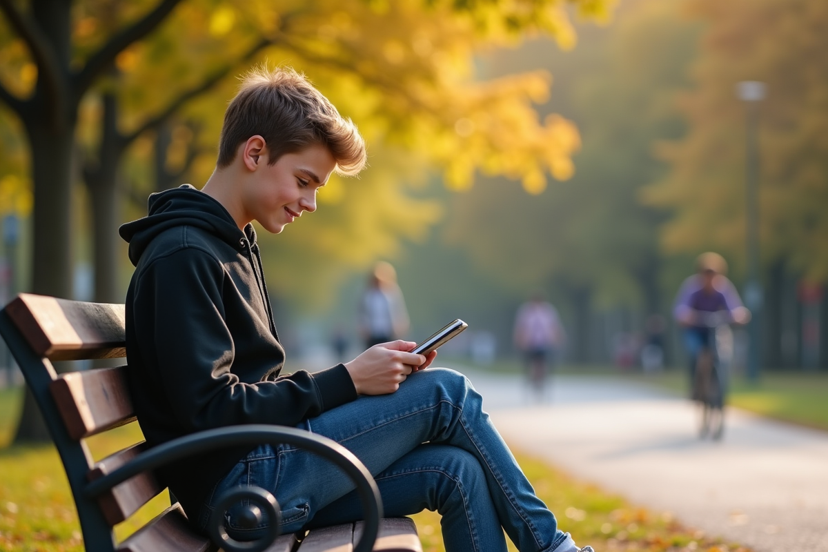 Adolescent assis sur un banc dans un parc avec une tablette