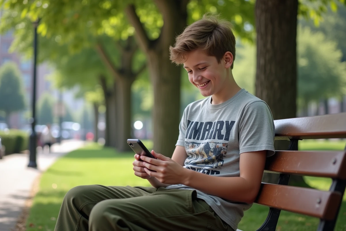 Adolescent souriant avec smartphone dans un parc en journée
