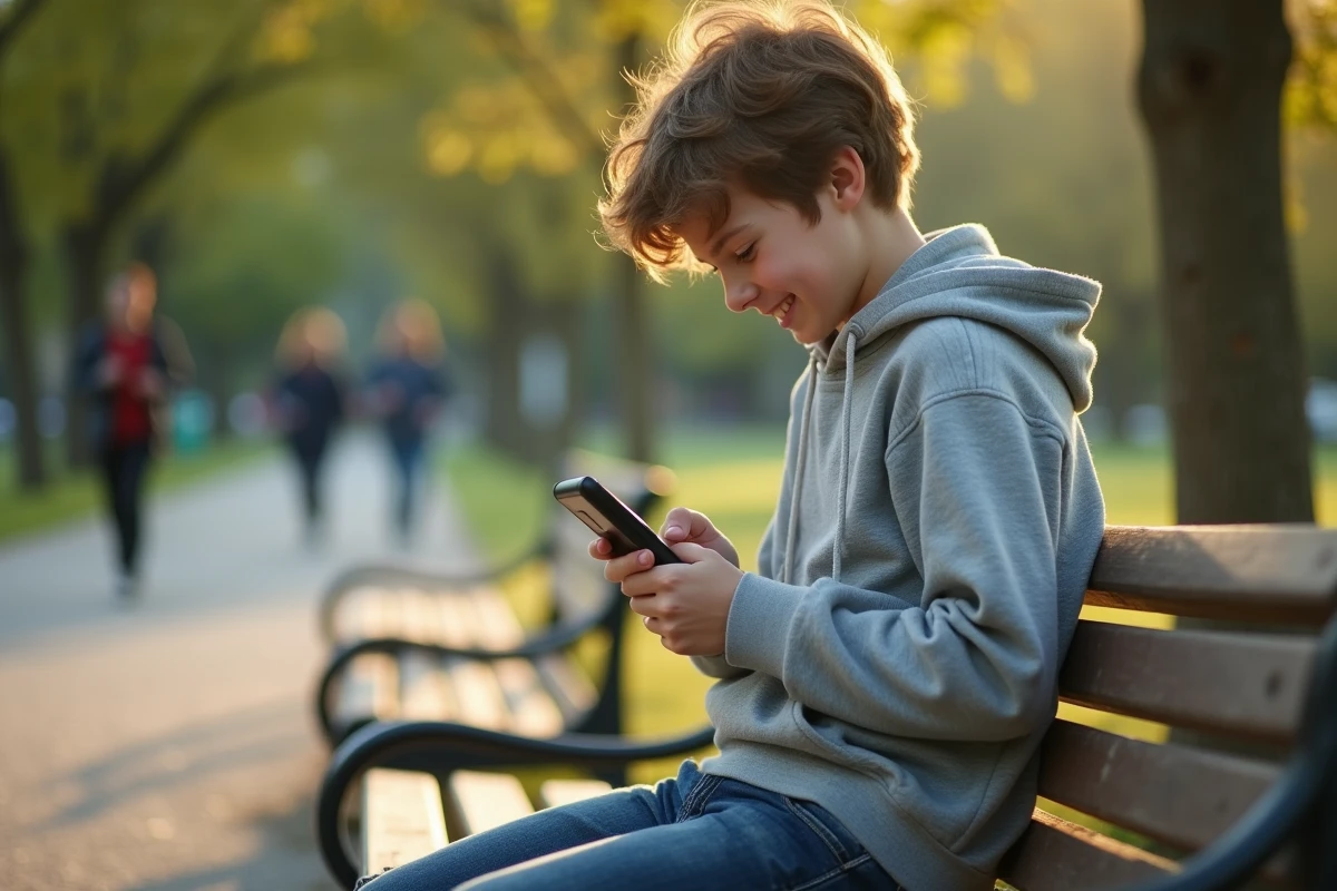 Adolescent utilisant un téléphone Walkman dans un parc