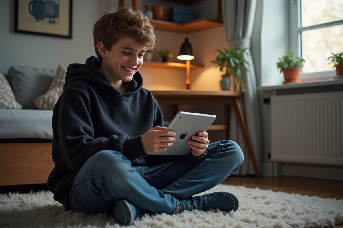 Adolescent souriant avec une tablette dans sa chambre