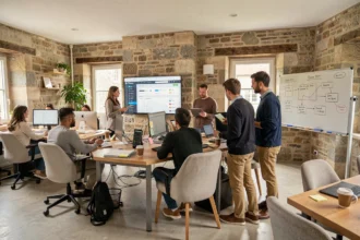 Bureau d'une agence digitale moderne en Bretagne avec des professionnels travaillant sur WordPress