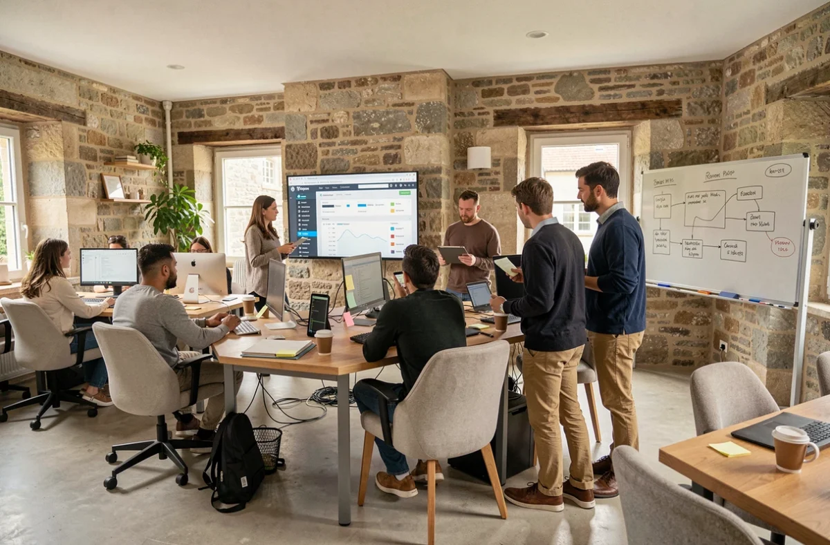 Bureau d'une agence digitale moderne en Bretagne avec des professionnels travaillant sur WordPress