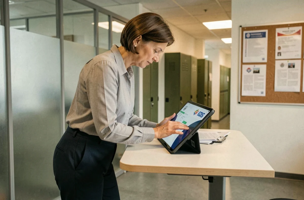 Agente administrative des services d'incendie vérifiant ses identifiants sur tablette dans un bureau SDIS
