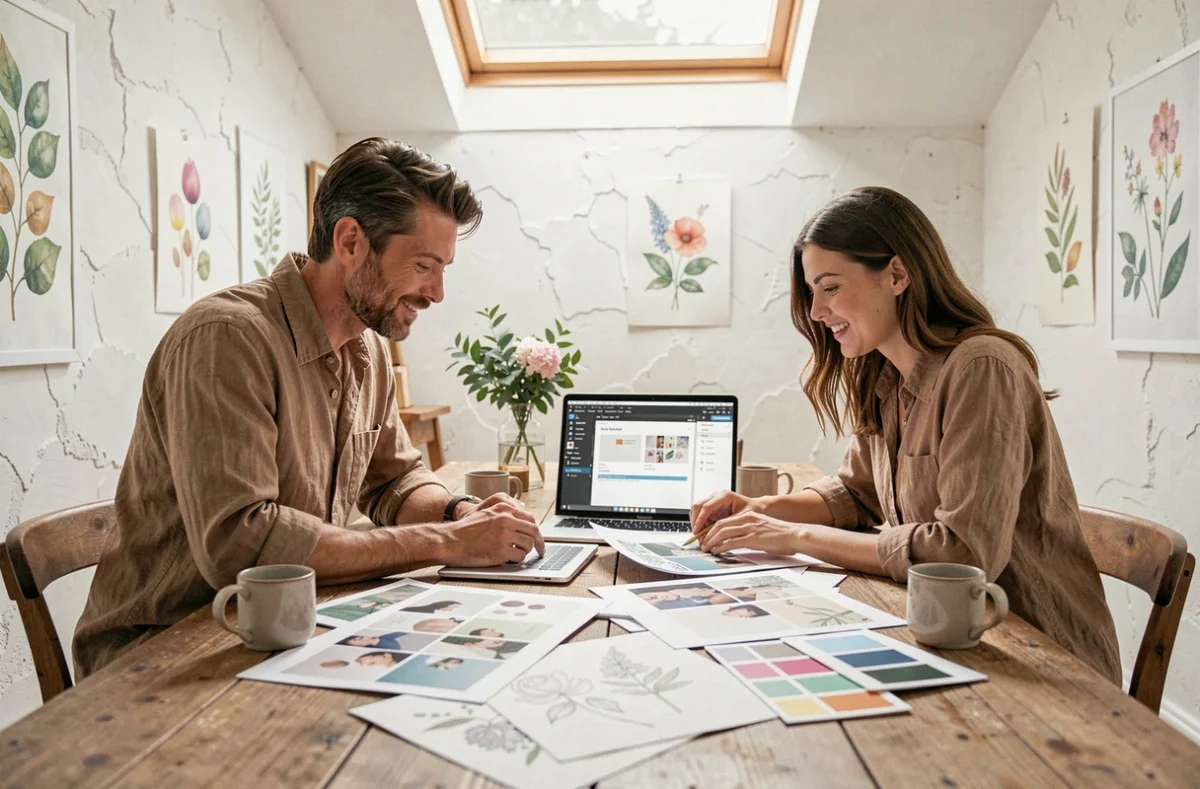 L'équipe créative d'Aire Libre Création collaborant sur une personnalisation WordPress dans un studio lumineux et artisanal