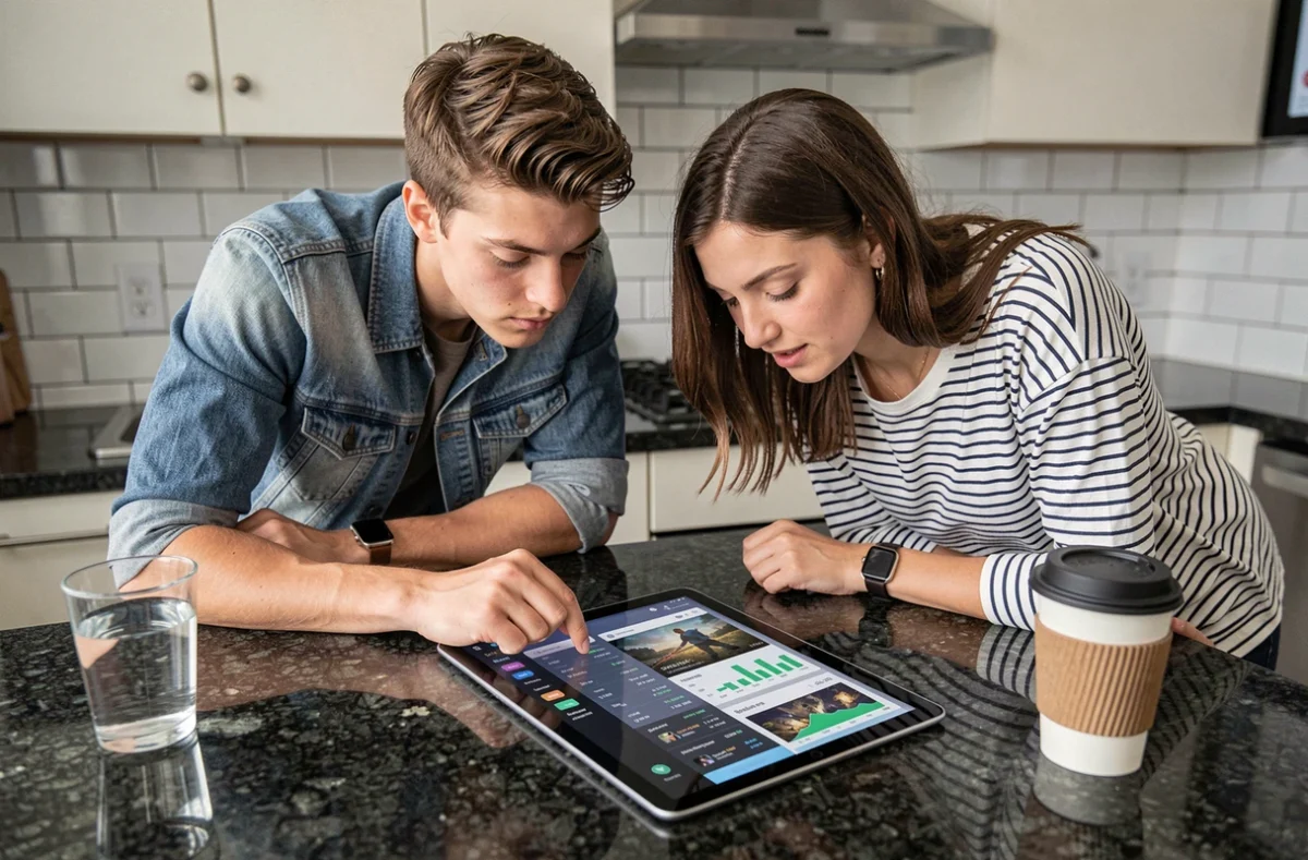 Deux amis examinant ensemble l'historique d'achats Valorant sur une tablette dans une cuisine moderne