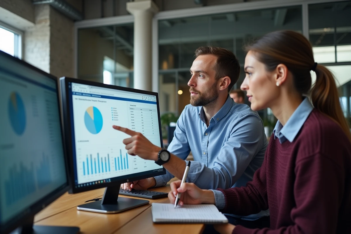 Deux collègues analysant un tableau de bord de confidentialité des données utilisateurs dans un bureau moderne