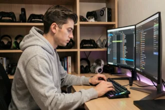 Jeune homme analysant son historique d'achats Valorant sur un double écran dans un bureau gaming organisé