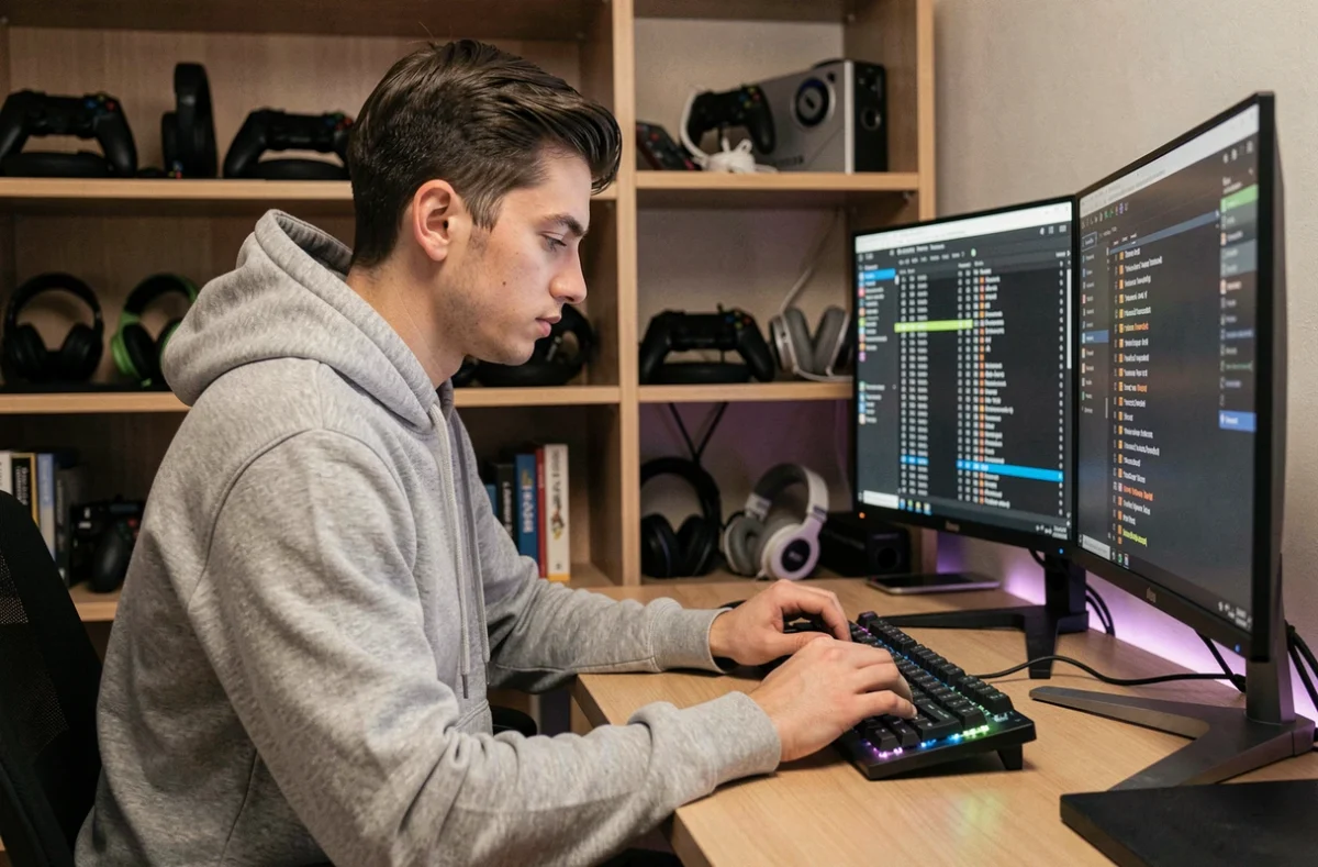 Jeune homme analysant son historique d'achats Valorant sur un double écran dans un bureau gaming organisé