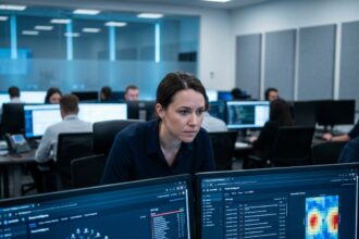 Analyste cybersécurité femme surveillant des tableaux de bord de menaces dans un centre opérationnel de sécurité moderne