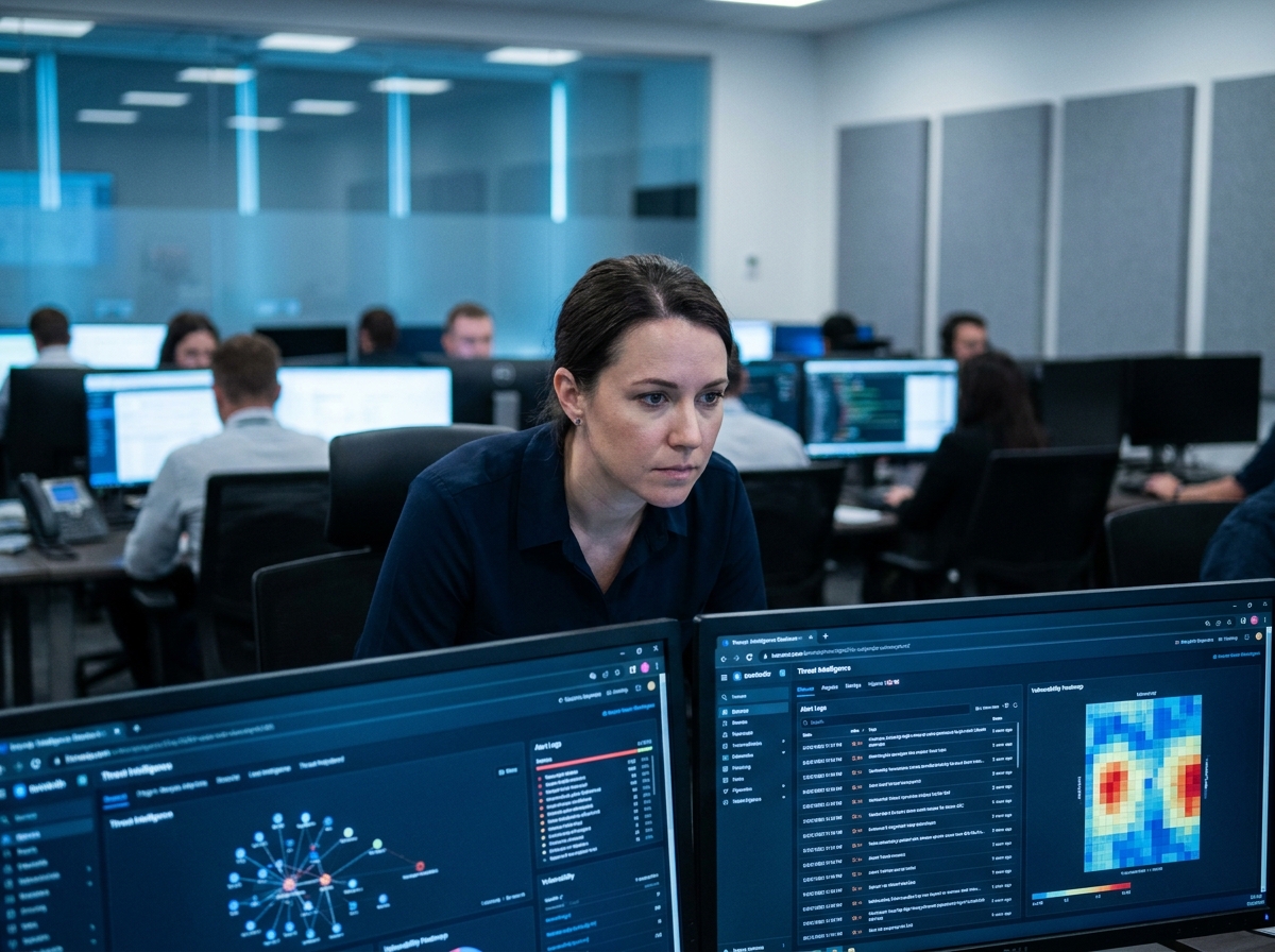 Analyste cybersécurité femme surveillant des tableaux de bord de menaces dans un centre opérationnel de sécurité moderne