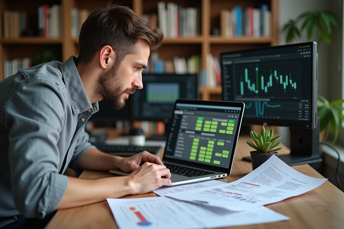 Analyste de données travaillant sur Excel avec formules de moyenne automatisée sur un bureau encombré de tableaux imprimés