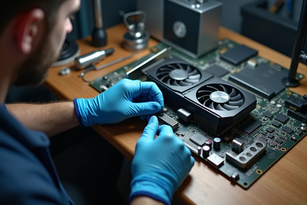 Technicien appliquant de la pâte thermique sur le die d'une carte graphique dans un atelier électronique