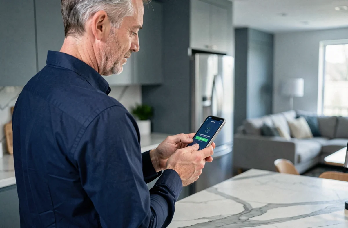 Homme vérifiant une authentification à deux facteurs sur son smartphone dans une cuisine moderne
