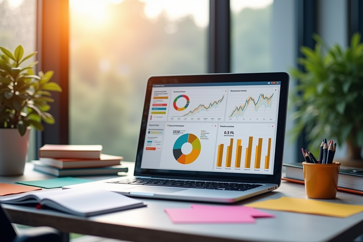 Bureau professionnel avec ordinateur affichant graphiques SEO