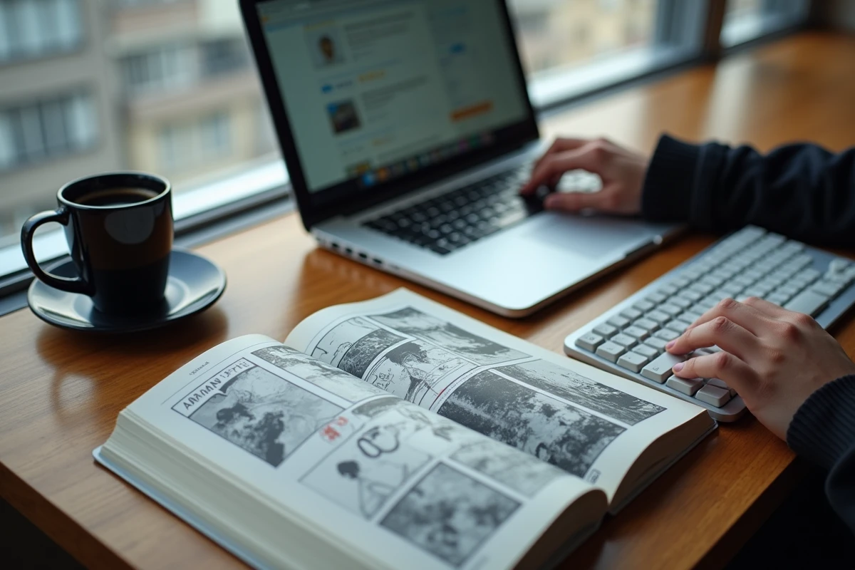 Bureau avec manga ouvert et écran d'ordinateur affichant des avis sur une plateforme de scantrad