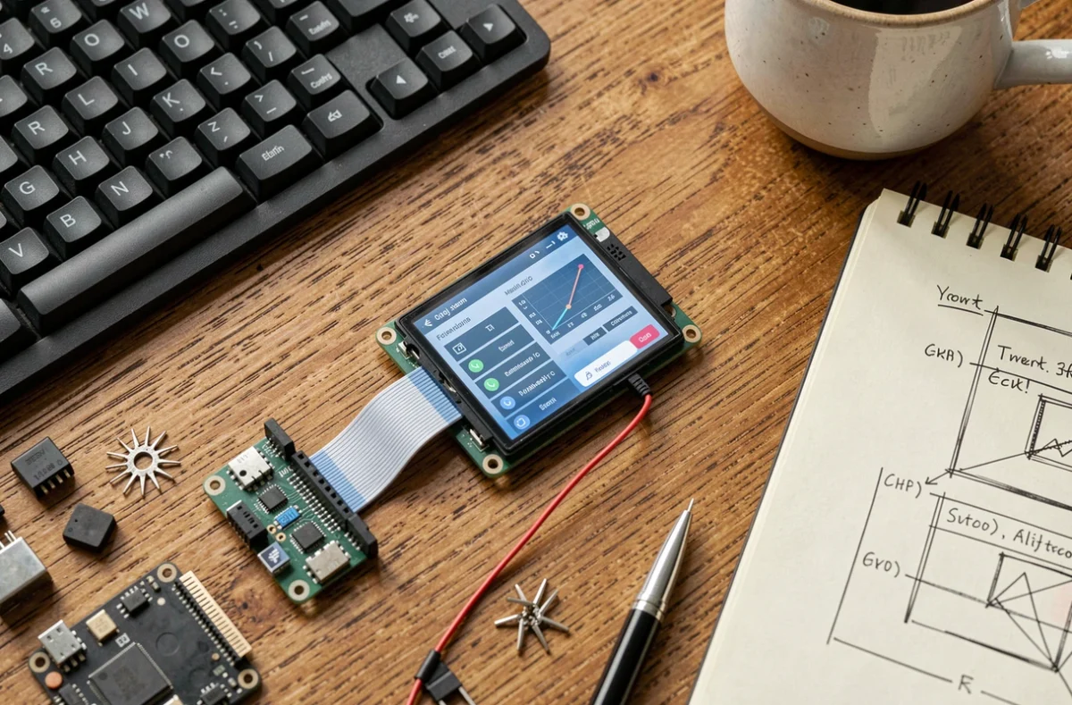 Vue de dessus d'un bureau de développeur avec une carte embarquée Raspberry Pi affichant une interface graphique GUI et des croquis de conception