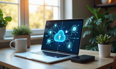 Bureau moderne avec ordinateur et plantes pour la securite digitale