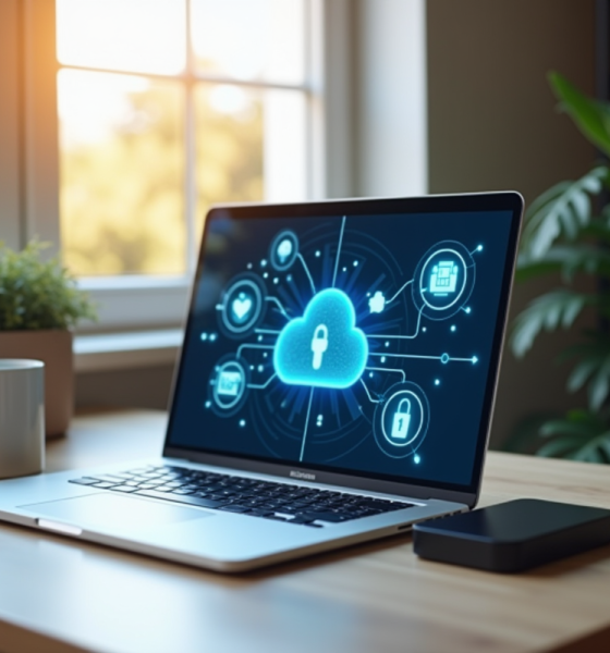 Bureau moderne avec ordinateur et plantes pour la securite digitale