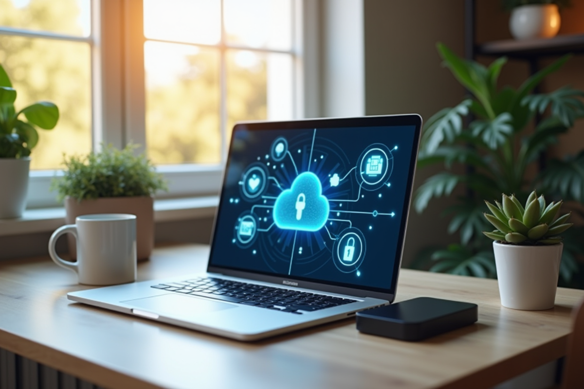 Bureau moderne avec ordinateur et plantes pour la securite digitale