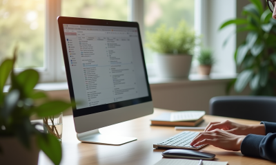 Bureau moderne avec ordinateur pour organiser emails