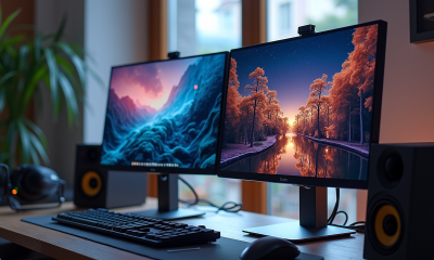 Bureau moderne avec deux écrans 1080p et 4K lumineux