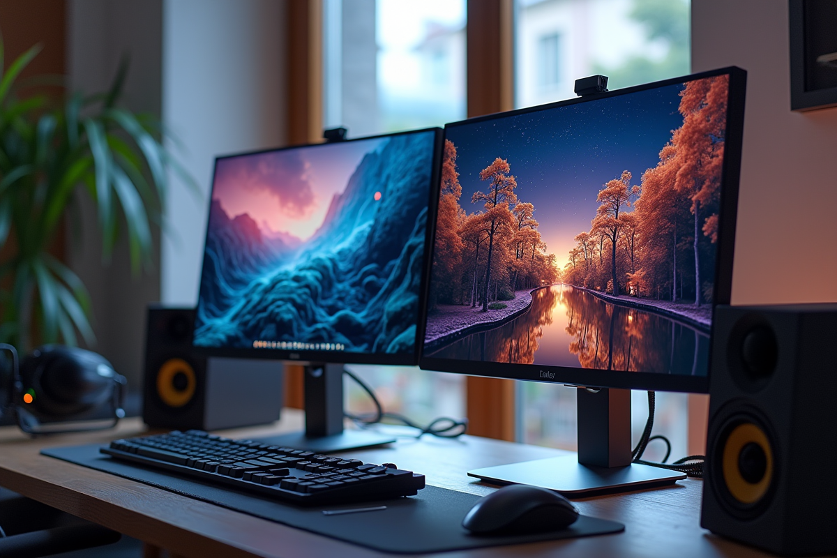 Bureau moderne avec deux écrans 1080p et 4K lumineux