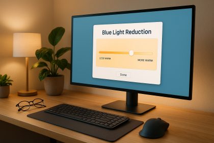 Photo d'un bureau moderne avec écran et réduction de lumière bleue