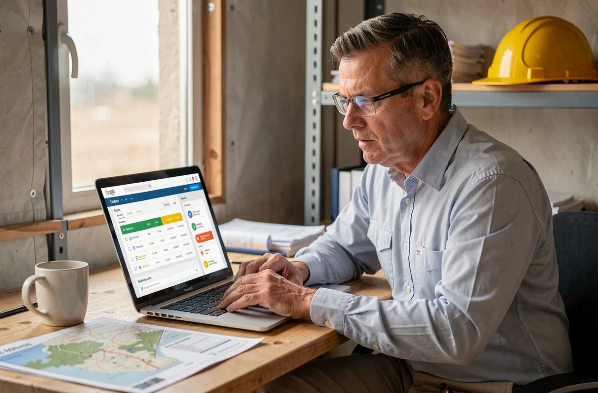 Chef d'équipe terrain analysant un tableau de bord de gestion des interventions sur ordinateur portable dans un bureau de chantier