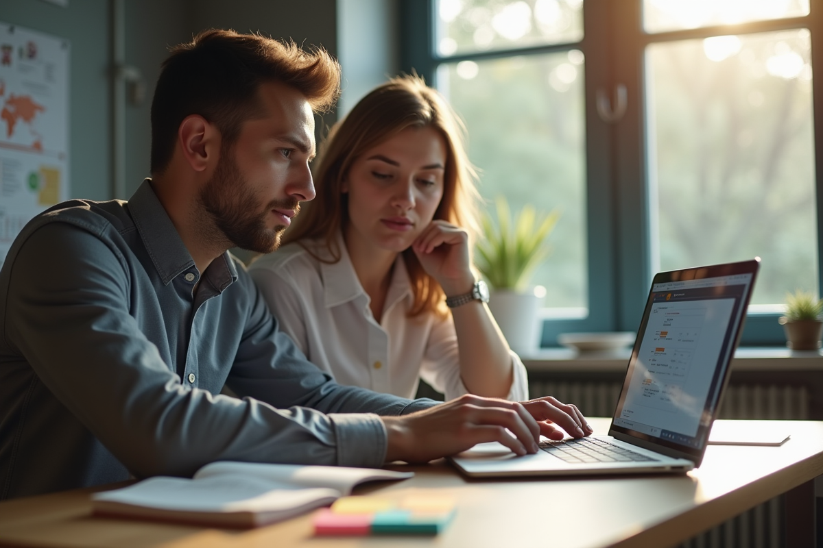 Deux collègues collaborant sur un ordinateur portable