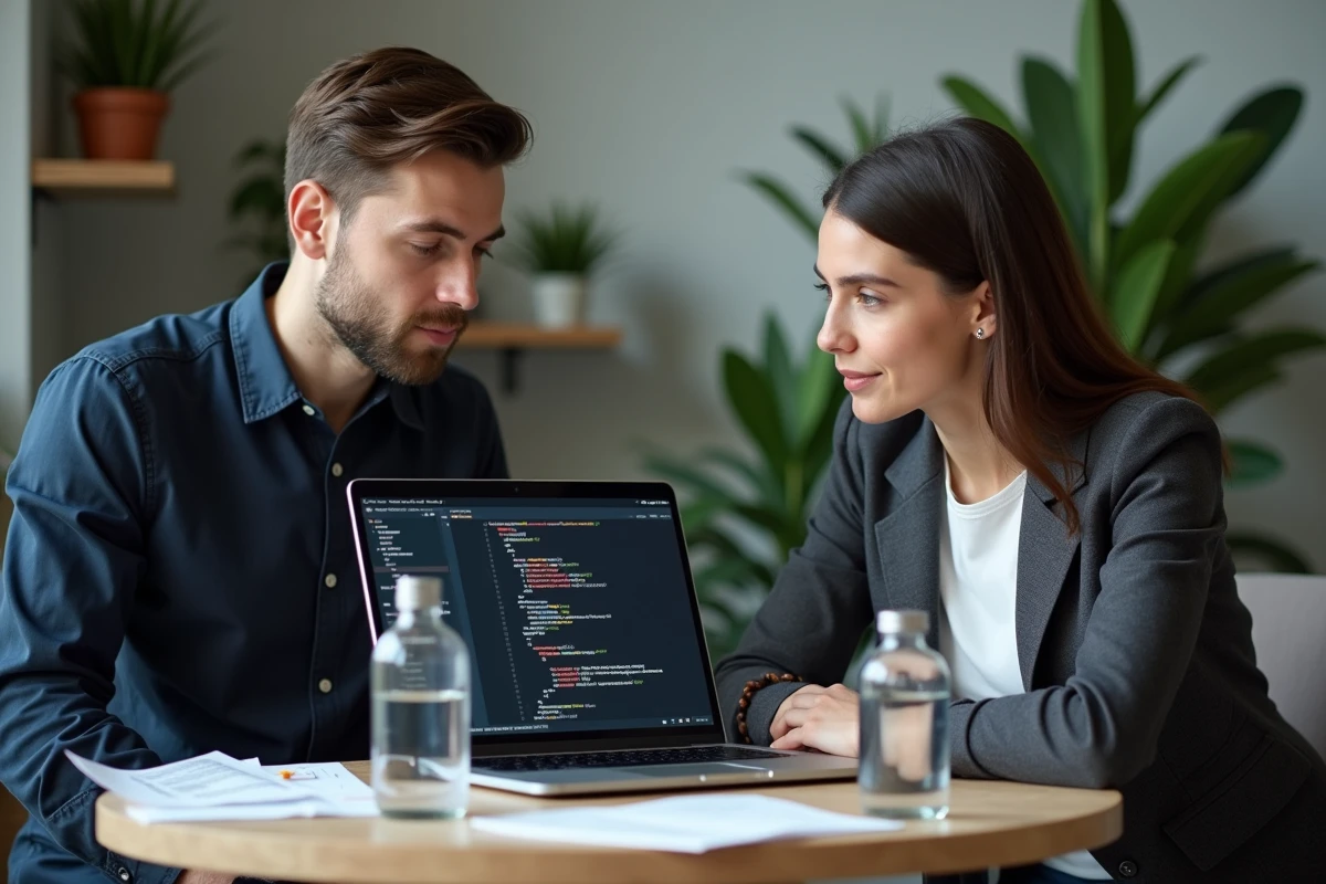 Deux développeurs collaborant sur le débogage du contexte d'exécution JavaScript d'un formulaire HTML dans un espace de coworking