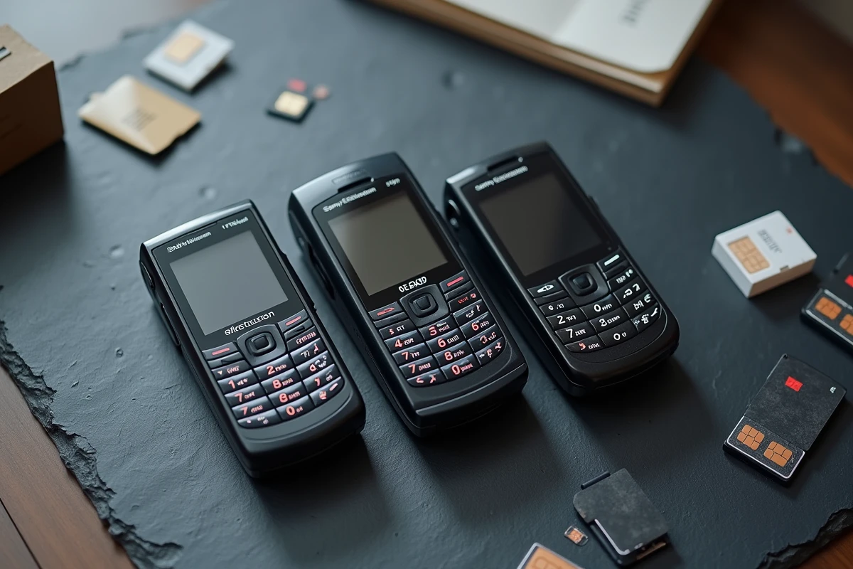 Collection de trois téléphones Sony Ericsson GSM à clavier physique en vue à plat sur ardoise sombre, style éditorial de collection vintage