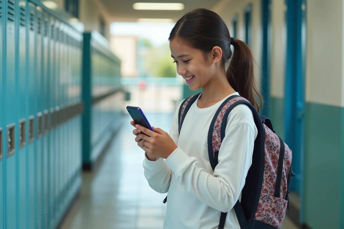 Collégienne lisant un message sur l'application ENT77 dans un couloir d'école, messagerie scolaire sur smartphone
