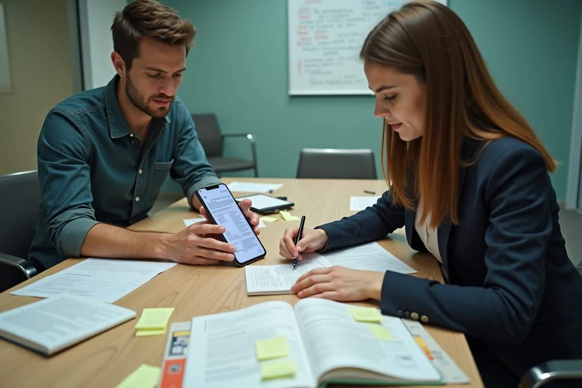 Deux collègues collaborant autour d'un smartphone Android avec un gestionnaire de presse-papier pour organiser leurs communications professionnelles
