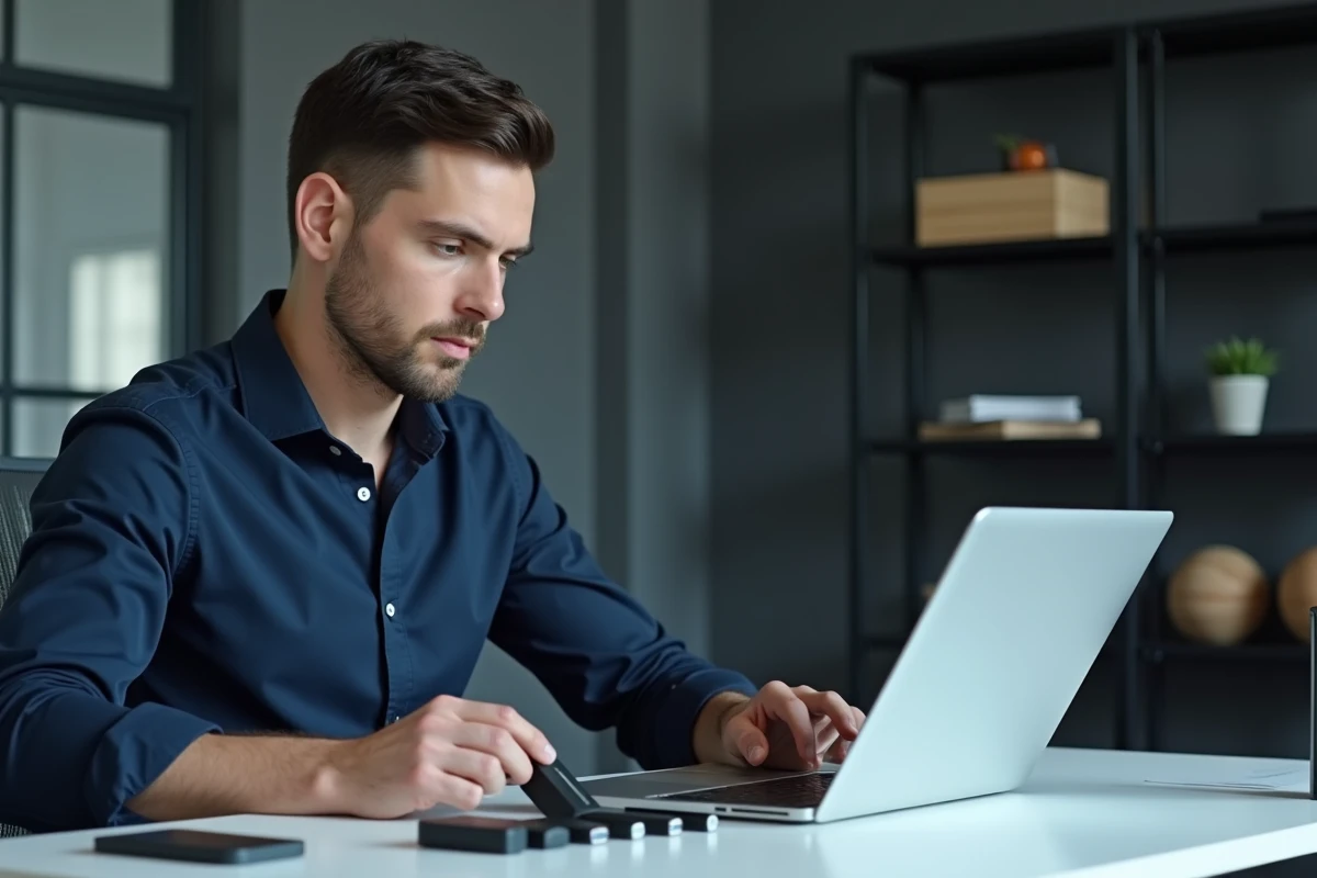 Homme comparant plusieurs clés USB et un SSD portable disposés sur un bureau en verre avec un graphique de conversion d'octets
