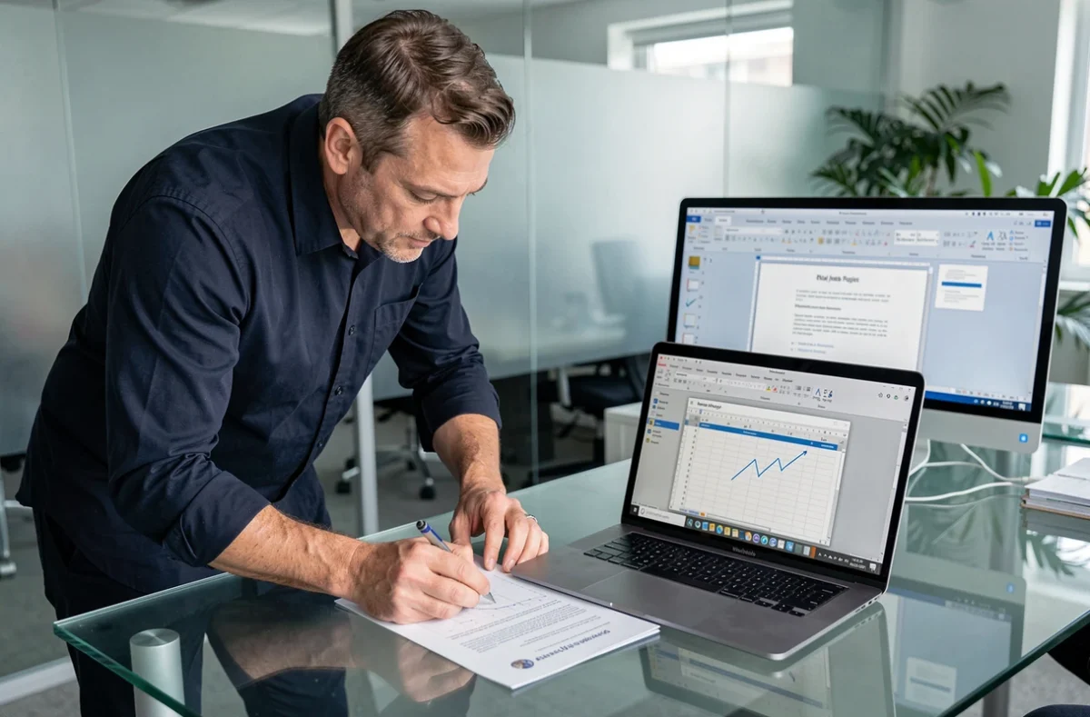 Homme comparant un fichier Pages ouvert sur Mac avec sa version Word sur PC dans un bureau moderne