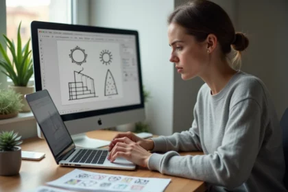 Femme comparant Paint macOS et Microsoft Paint sur un MacBook Pro dans un bureau à domicile