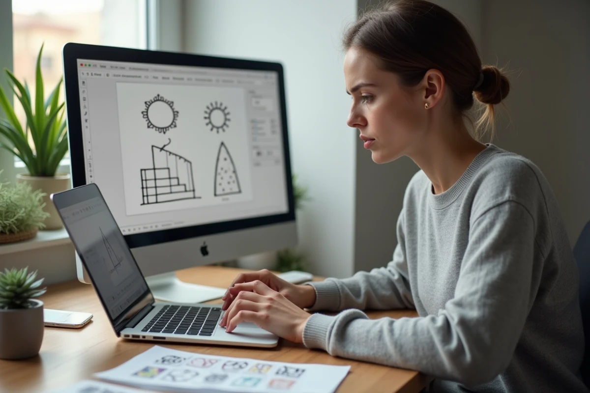 Femme comparant Paint macOS et Microsoft Paint sur un MacBook Pro dans un bureau à domicile