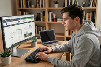 Jeune homme comparant des plateformes de jeux vidéo en ligne sur un ordinateur dans un bureau à domicile