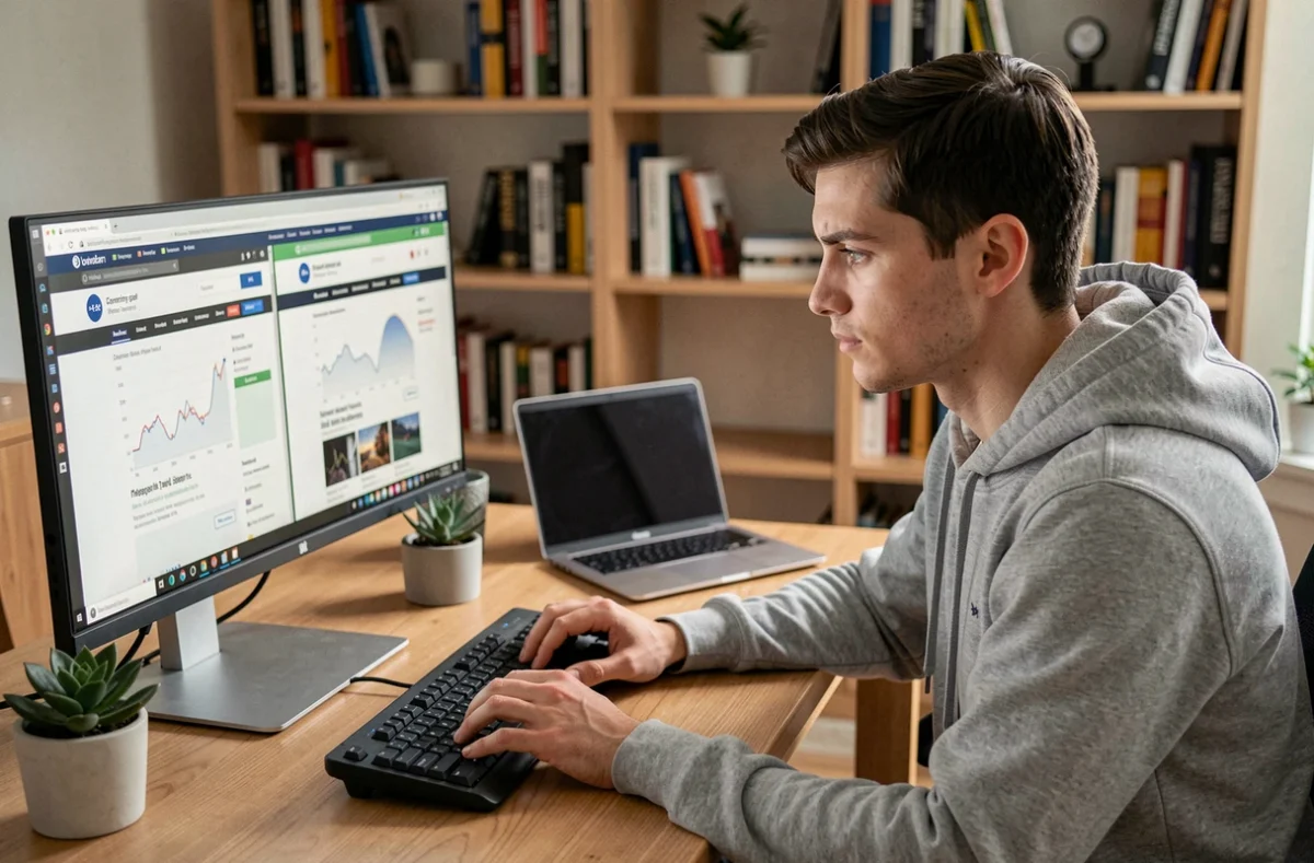 Jeune homme comparant des plateformes de jeux vidéo en ligne sur un ordinateur dans un bureau à domicile
