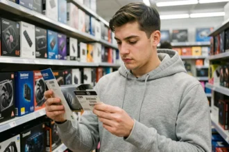 Jeune homme comparant les prix d'une carte graphique dans un magasin d'électronique pour trouver le meilleur rapport qualité-prix