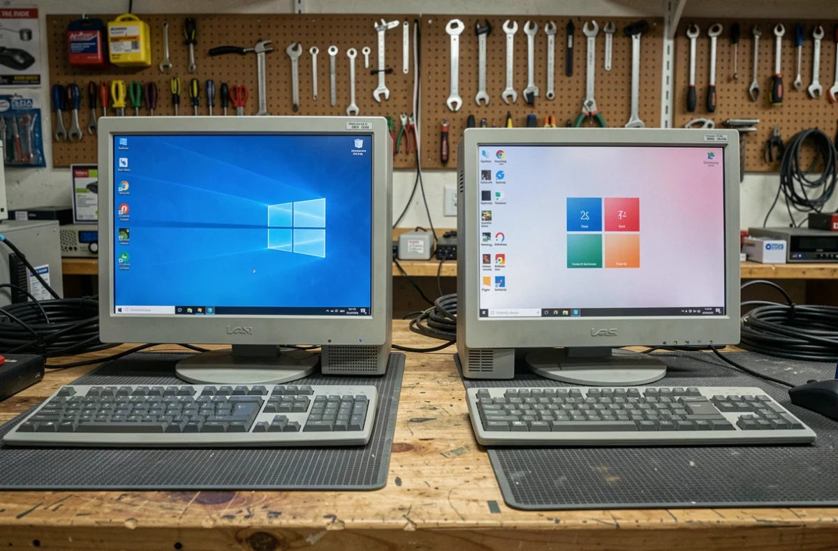 Comparaison côte à côte de Windows 10 et Windows 11 sur deux anciens ordinateurs de bureau dans un atelier informatique