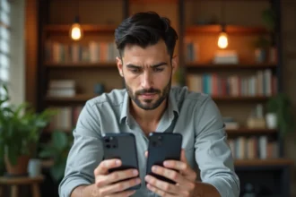 Homme comparant deux smartphones haut de gamme côte à côte dans un bureau minimaliste moderne