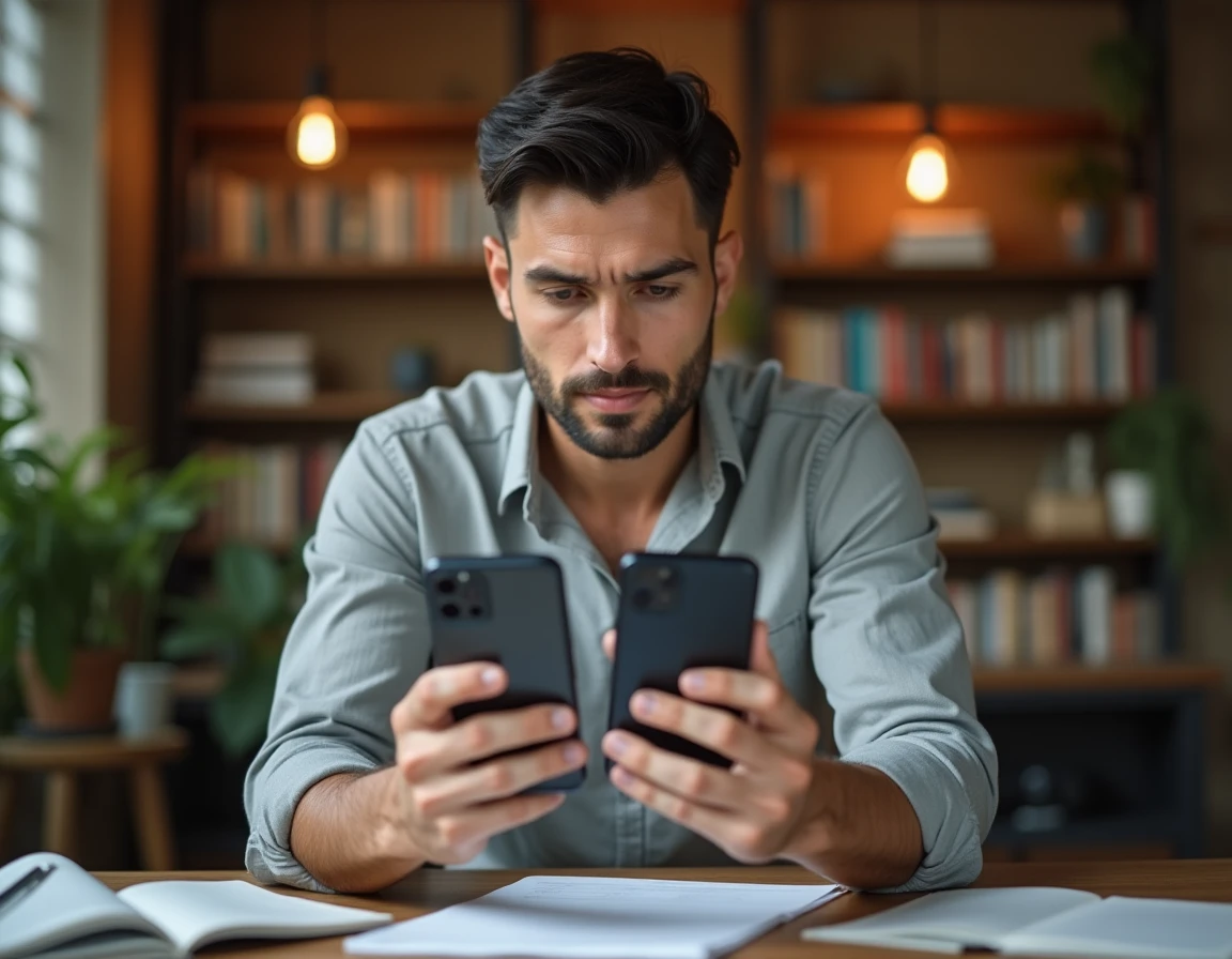 Homme comparant deux smartphones haut de gamme côte à côte dans un bureau minimaliste moderne